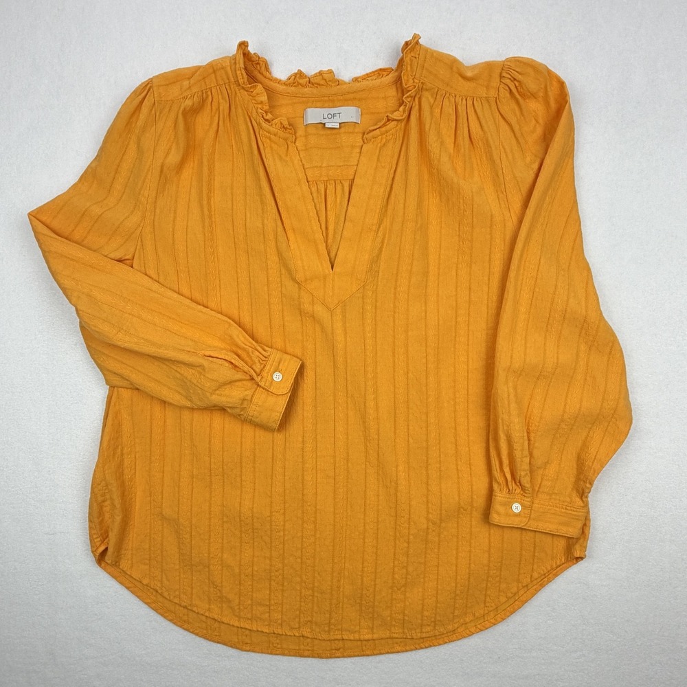 LOFT Womens Yellow Orange Cotton Dobby Stripe Ruffle Split Neck Blouse Large